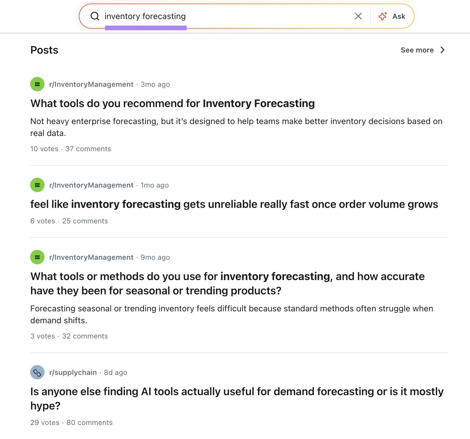 A list of posts for the term "inventory forecasting" on Reddit.