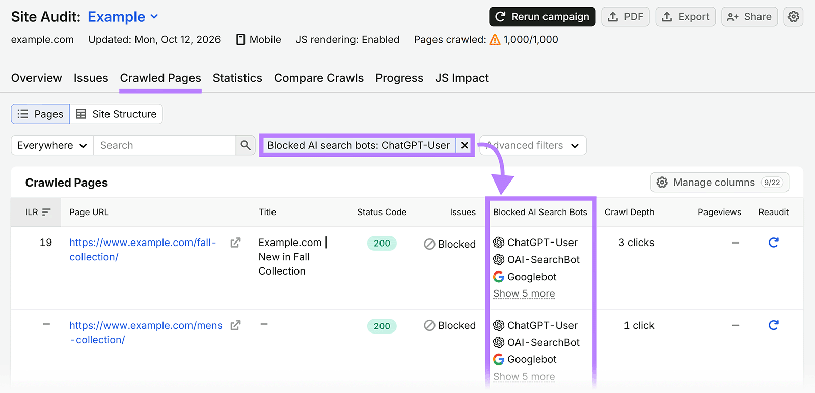 Site Audit filtered to show pages blocked from AI search bots like ChatGPT-User and OAI-SearchBot