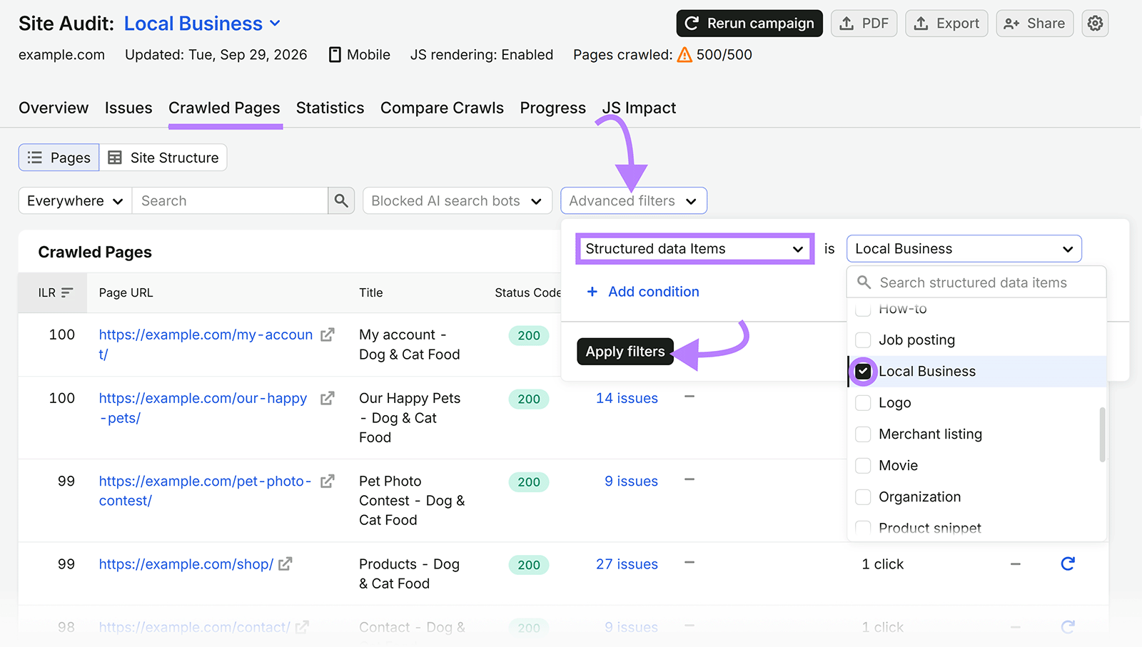 Semrush Site Audit advanced filter set to find pages containing Local Business structured data