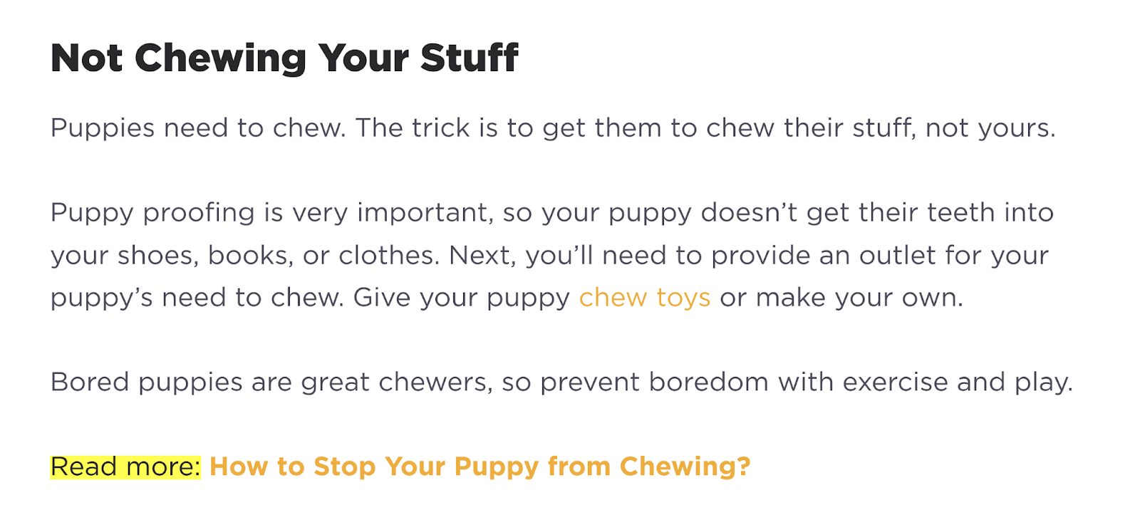 Puppy care article linking to related content about chew toys and how to stop a puppy from chewing